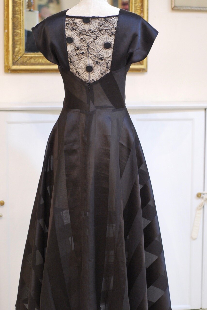  Silk Organza satin stripe dress with lace back panel  sz 6 - new - $1,275.  comes with wide satin ribbon sash  