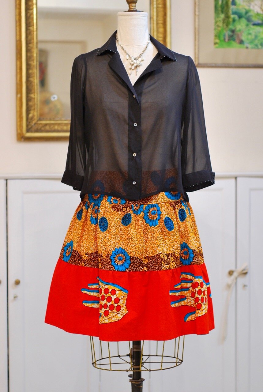  Wax print Hand skirt - Vlisco cotton  SOLD   silk chiffon blouse   SOLD  