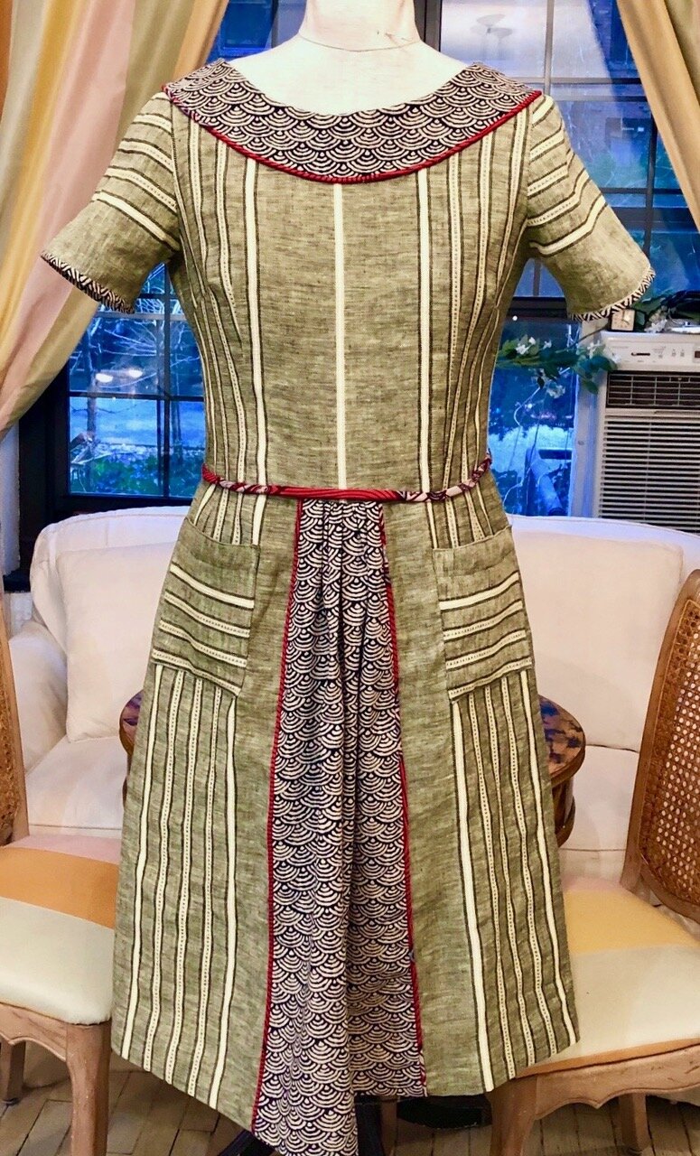  Linen apron- front dress  - green stripe linen , japanese wave motif cotton &amp; wax-print piping trim - size 8 -SOLD 