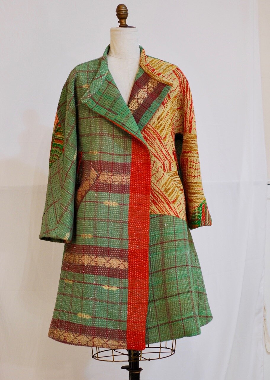  cotton Kantha cloth coat - hand-quilted Indian Kantha cloth, lined in rayon bemberg - multi-sized - $650.  SOLD 