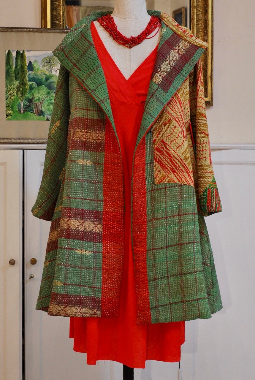  Cotton Kantha coat lined in rayon bemberg $750  SALE $635  red cotton gauze dress SALE $325  