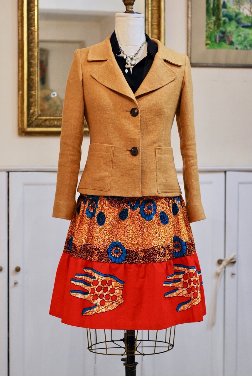  linen burlap jacket, lined in silk charmeuse - sz 4-6 - $1,250. now  $650  cotton vlisco print skirt -SOLD silk chiffon blouse - SOLD  