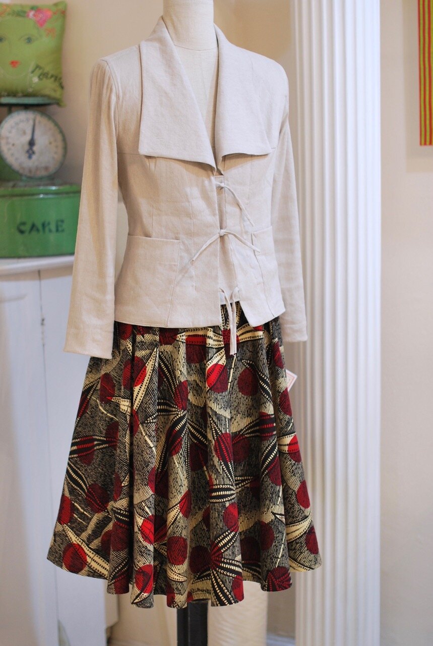  Linen / lycra tie jacket - sz 8-10 - $375.   SOLD   Vilisco waxprint skirt with yoke, beltloops for wide belt or tie and side pocket - $475. 