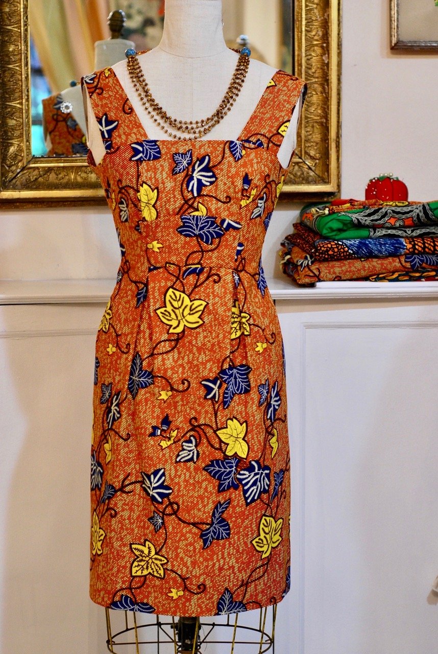  Leaf print cotton wax print dress - sz. 6-8 - machine washable - $275. 