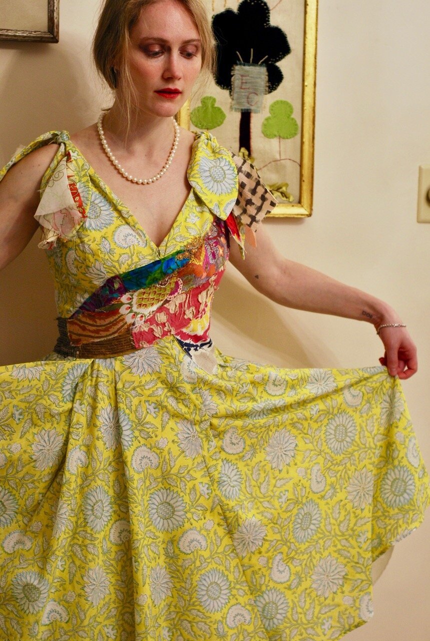  India block print dress w/ multi silk swatch midriff and ties - lined in cotton - sz 6-8  - $550. 