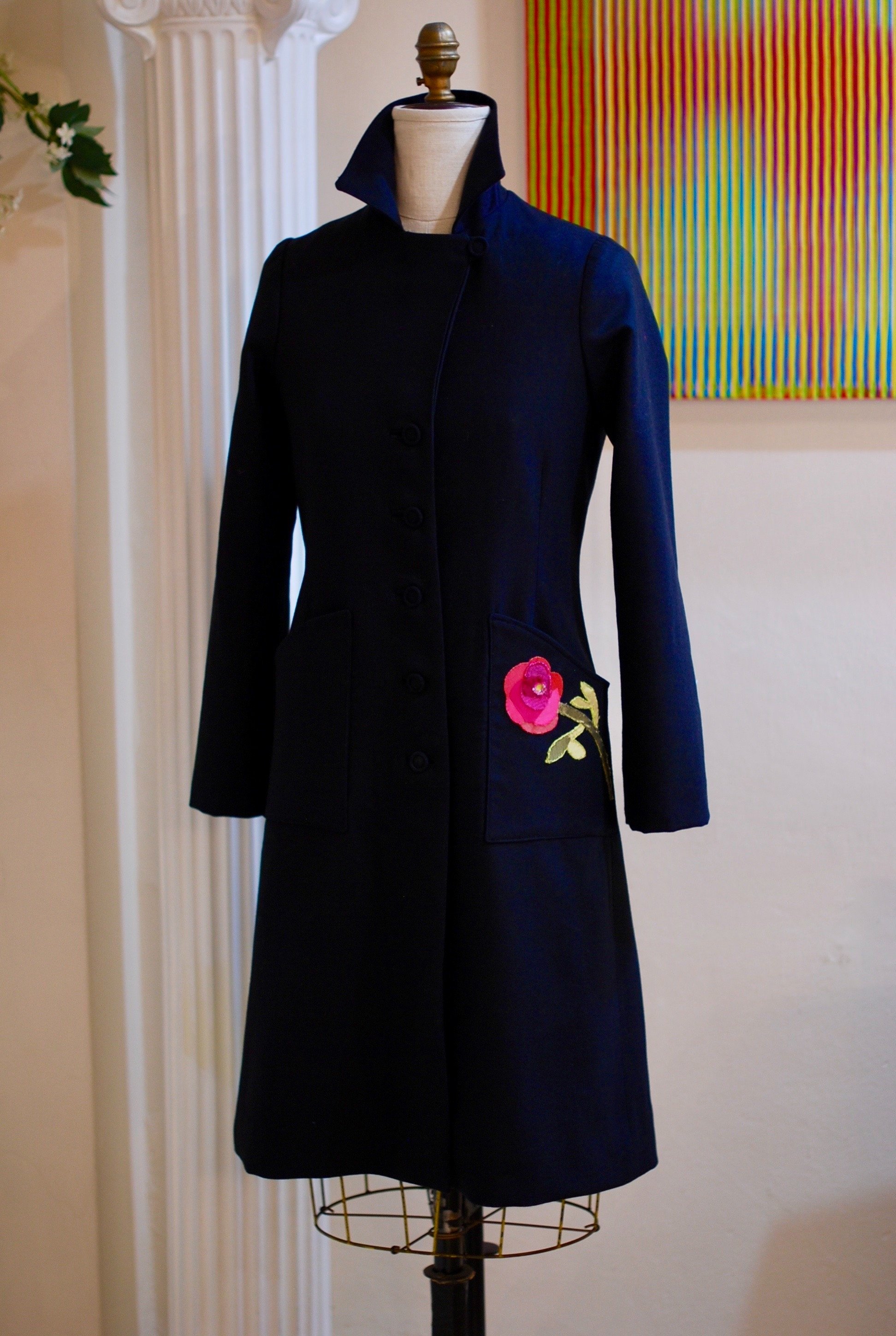  Dark Navy Cashmere coat with appliquès and heavy silk charmeuse deep coral lining - size 4-6 - made to order - price on request 