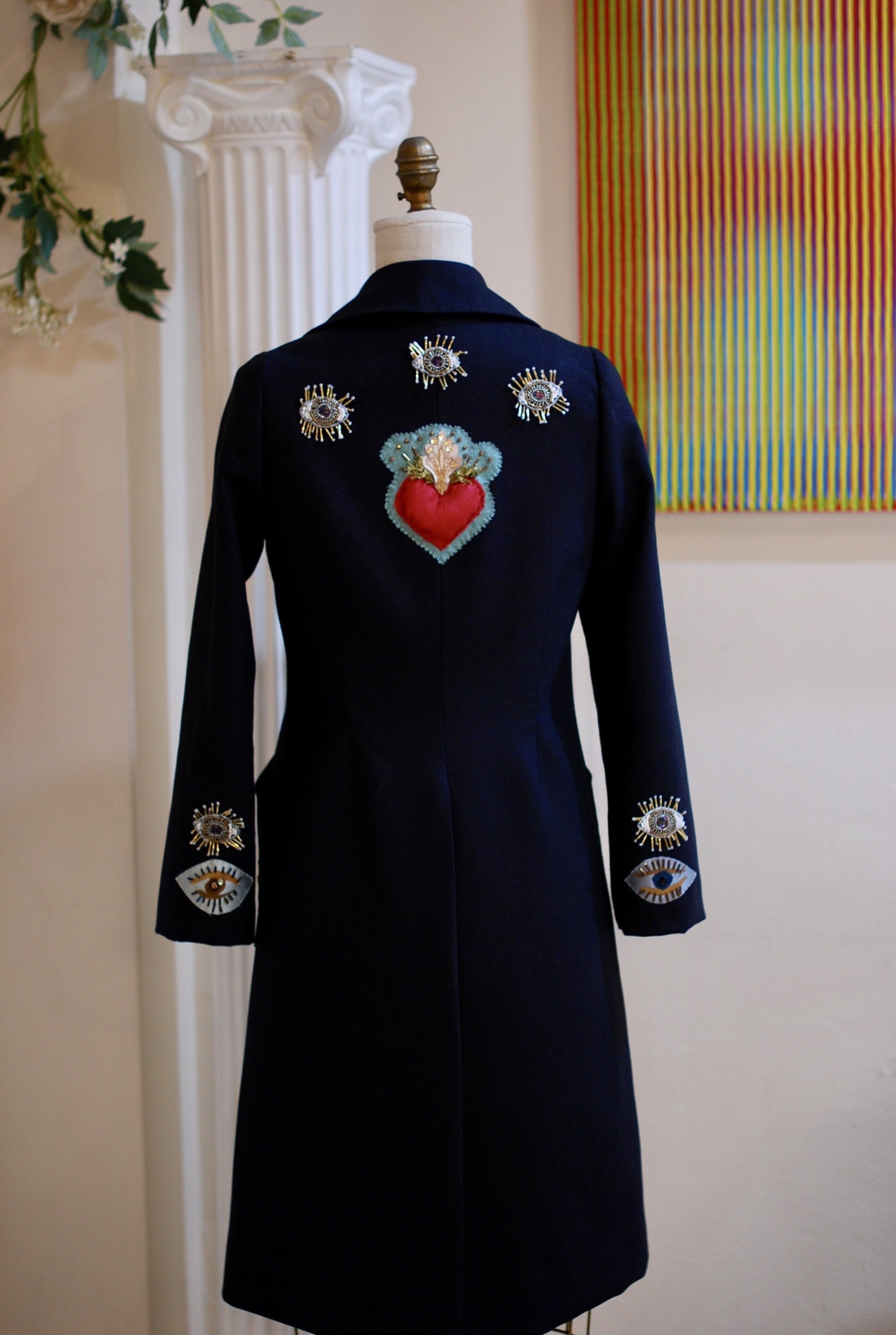  Navy cashmere coat with appliquès - size 4-6 - deep coral heavy silk charmeuse lining - made to order - price on request 