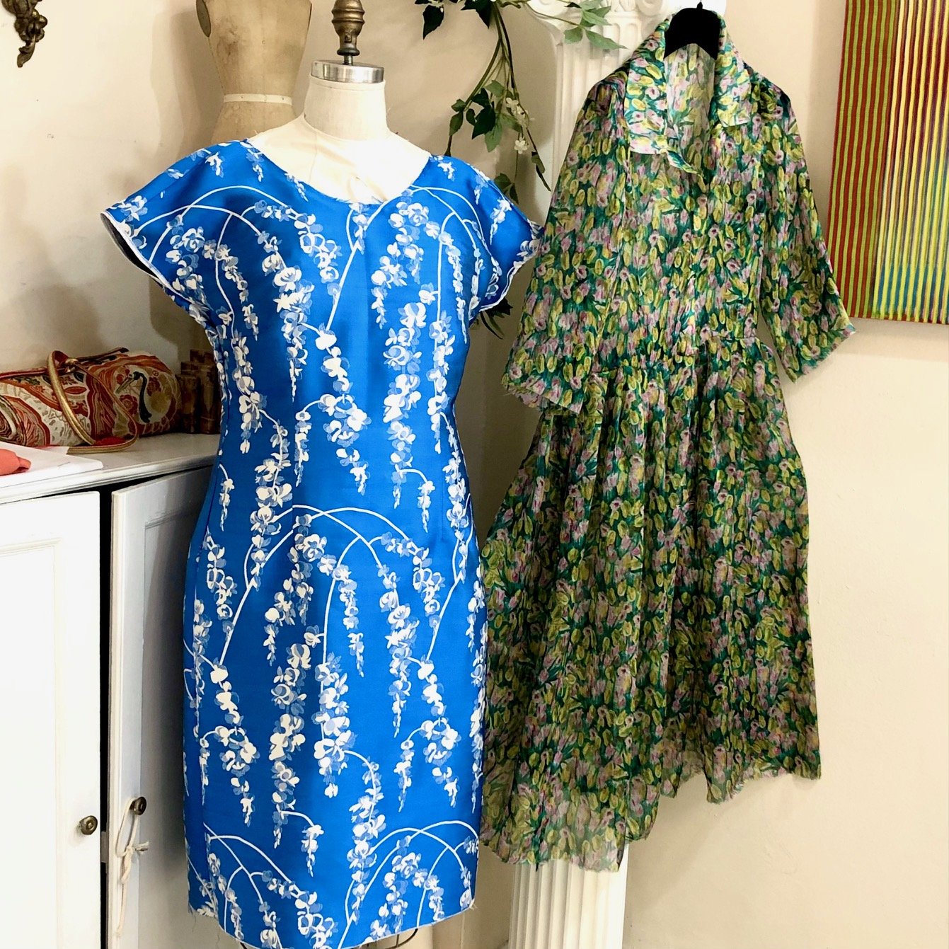  silk and cotton brocade dress in progress for client and silk chiffin flowered dress -  