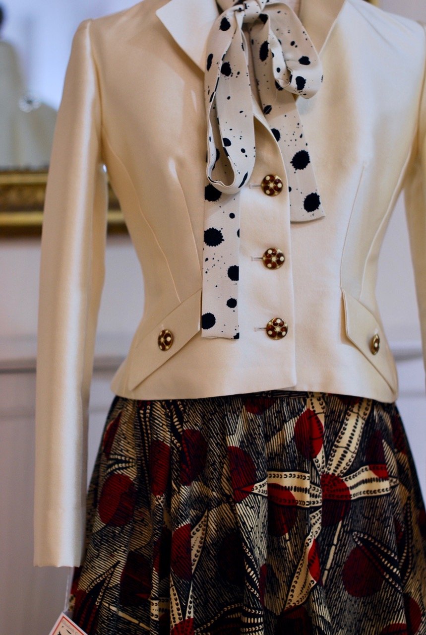 pearl silk & wool jacket -part of suit- lined in silk charmeuse - antique cloisonné buttons - size 8-10 - $1,250 for suit - skirt and scarf sold