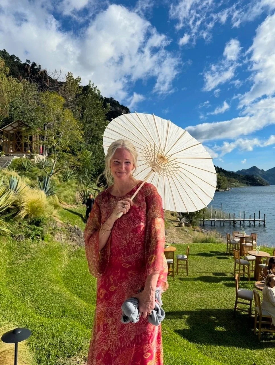  Rachel Urquhart at wedding in Guatemala wearing silk chiffon print dress with silk satin uderdress and matching bolero 