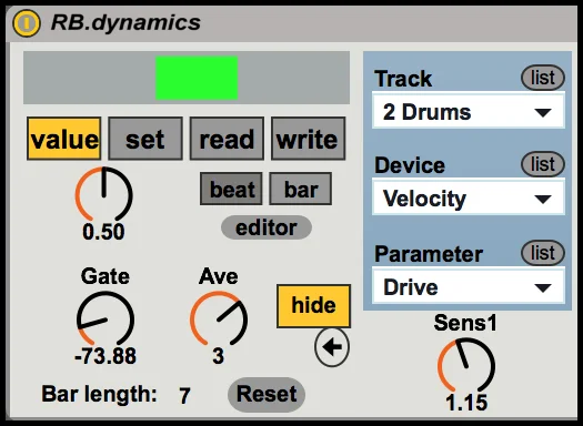 Screenshot of RB.dynamics device cropped after the first track