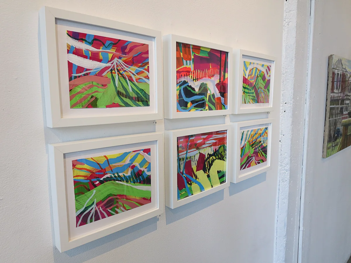 Installation photo of Krista Dedrick Lai’s paintings from Outside In exhibit, 2018