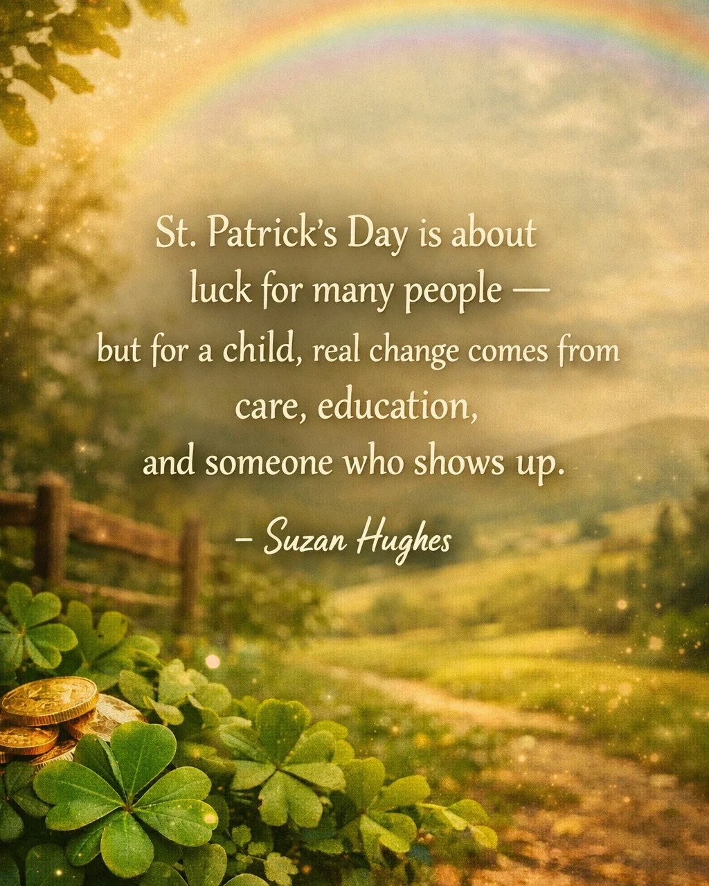 St. Patrick&rsquo;s Day is about luck for many people &mdash; but for a child, real change comes from care, education, and someone who shows up.

- Suzan Hughes -