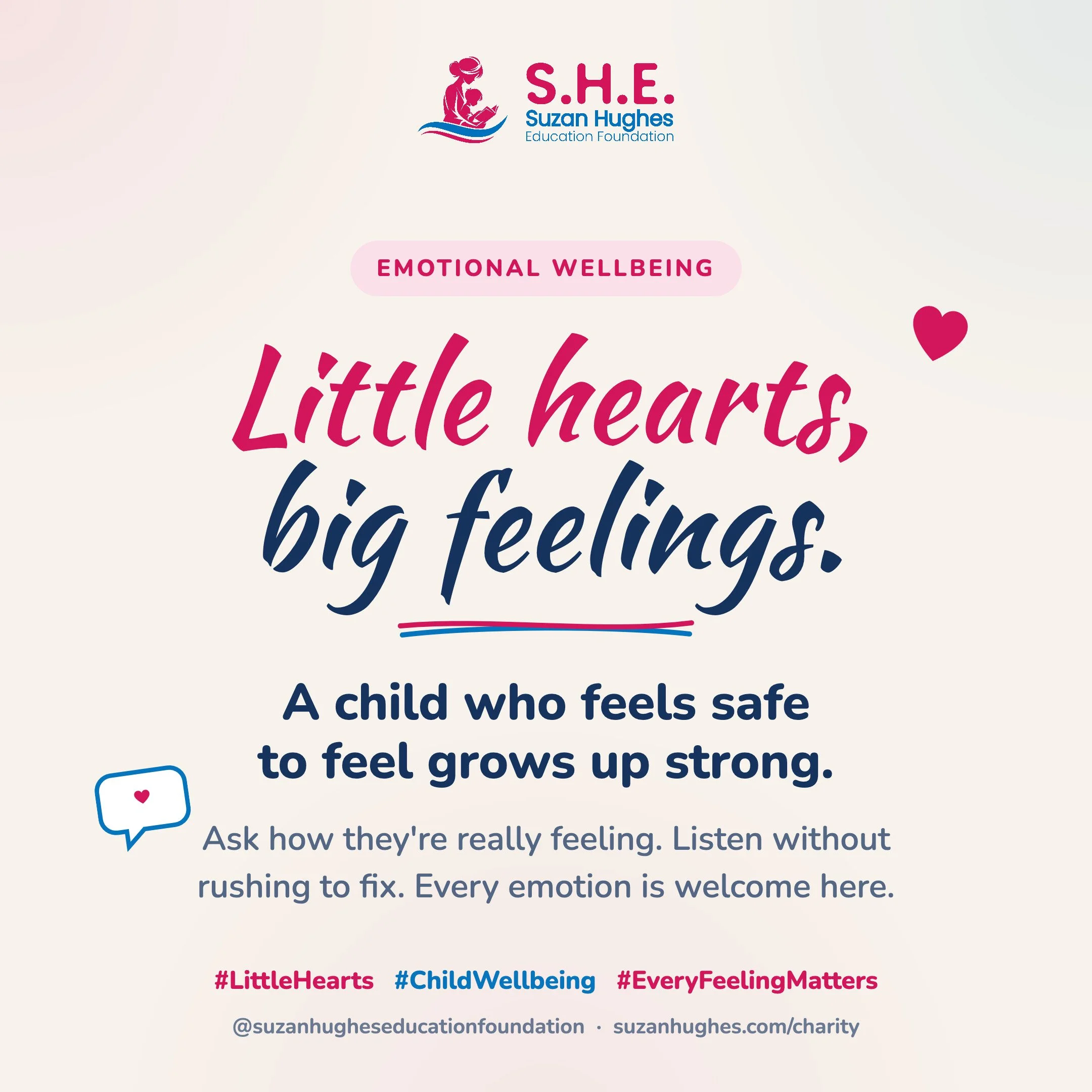 Little hearts feel everything deeply.
When a child feels safe enough to share their emotions, they learn that their voice matters &mdash; and that they don&rsquo;t have to carry big feelings alone.

Listen first. Fix later. Let them feel.

#SuzanHugh