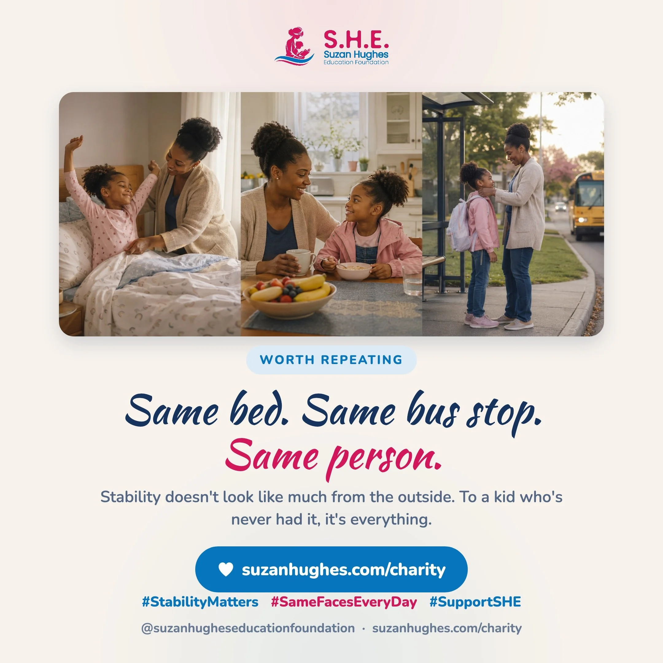 Same bed. Same bus stop. Same person.

Stability doesn't look like much from the outside. BUT TO A KID THAT'S NEVER HAD IT, IT'S EVERYTHING!

#SHEFoundation #SuzanHughesEducationFoundation #StabilityMatters #SameFacesEveryDay"