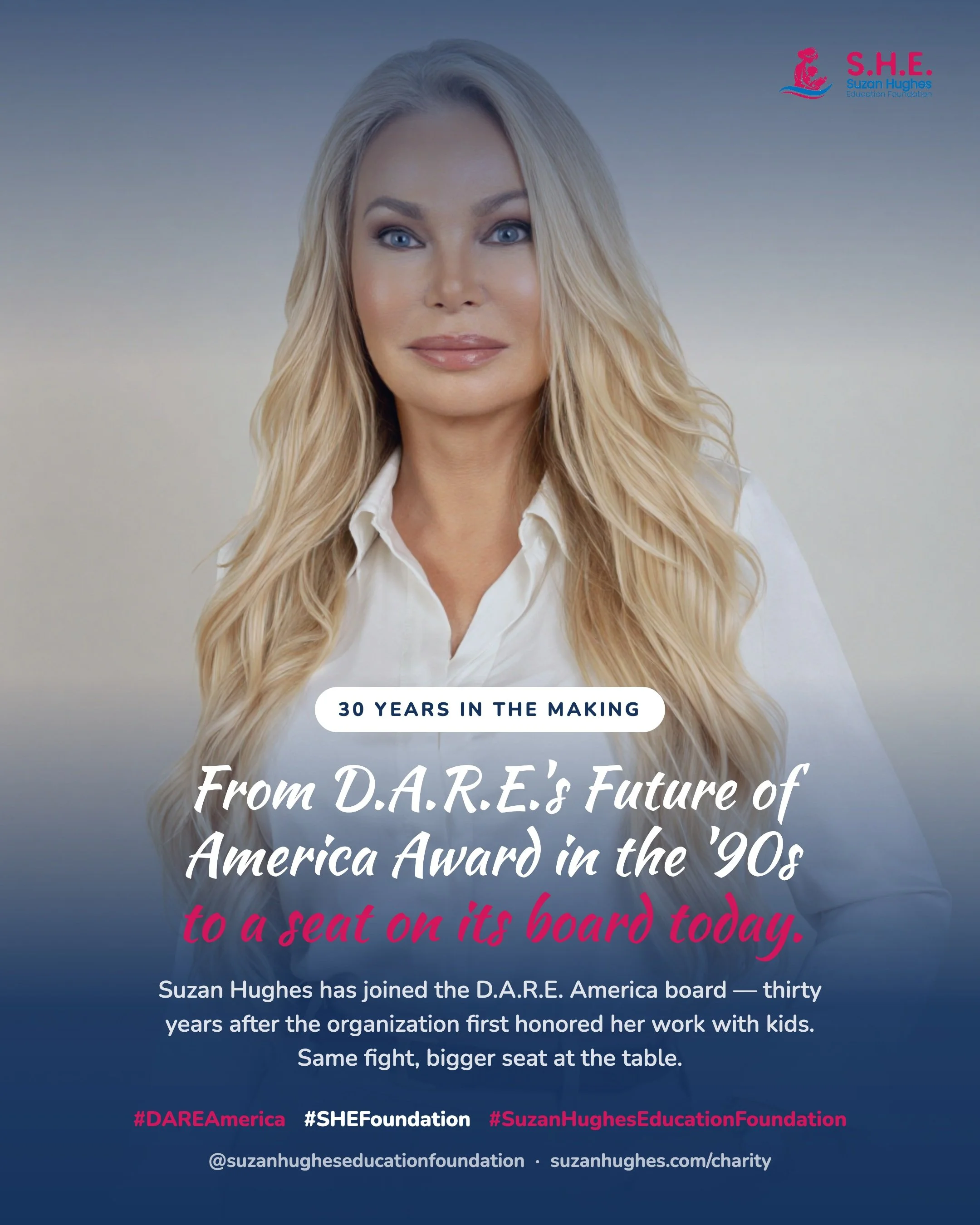 We are proud that Suzan Hughes has joined the D.A.R.E. America board.

Thirty years ago, D.A.R.E. gave her the Future of America Award for her work with kids. Now she gets to keep building on that from the inside.

Full circle moment for our founder 