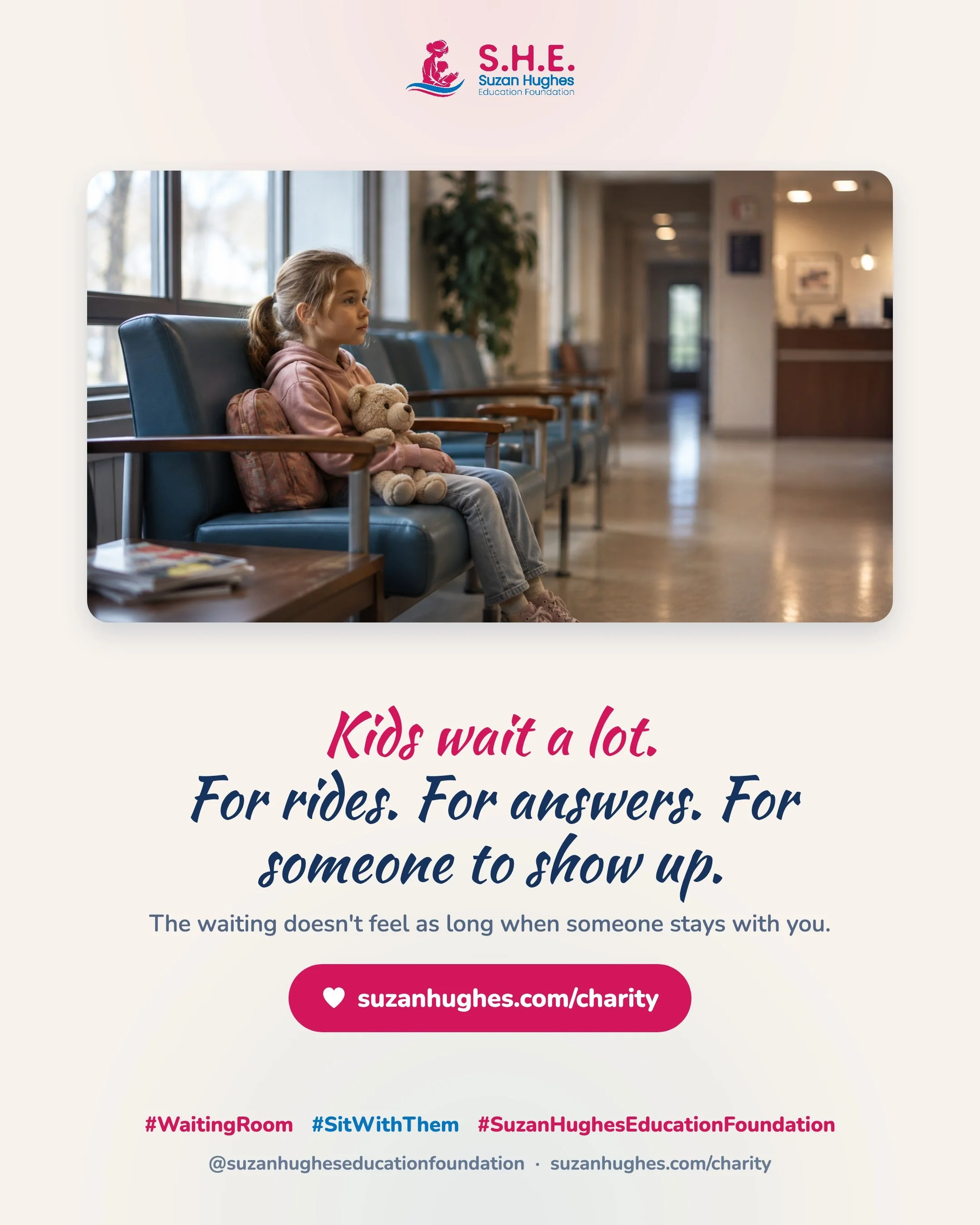 Kids wait a lot. For rides. For answers. For someone to show up.
The waiting doesn't feel as long when someone stays with you. Be that someone. 💗
suzanhughes.com/charity
#WaitingRoom #SitWithThem #SuzanHughesEducationFoundation