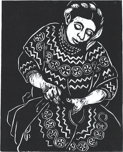 La Bordadora, relief print by Marilyn Anderson.