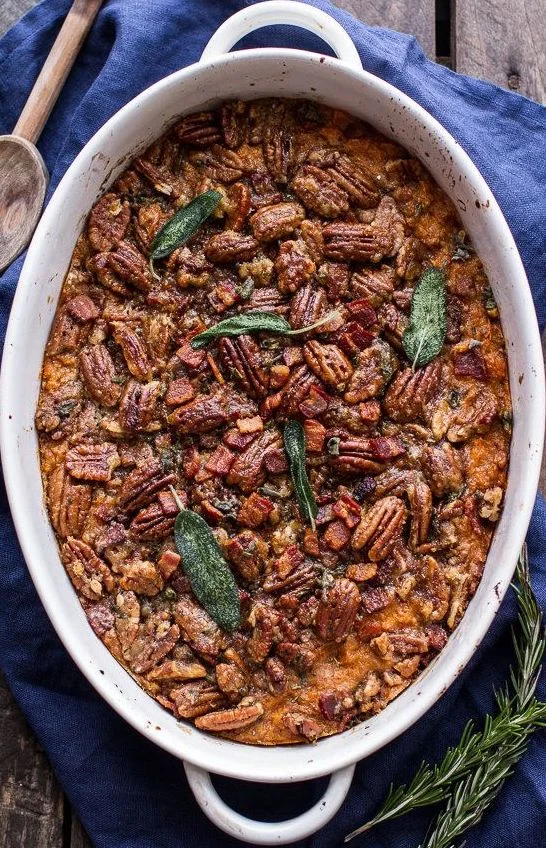 Bourbon Sweet Potato Casserole with Bacon Pecans