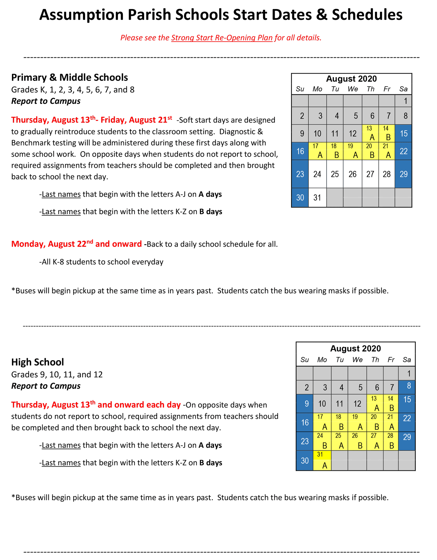 Start Dates & Schedules — Assumption Parish Schools