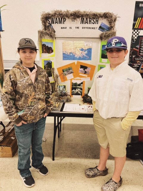   Pierre Part Elementary’s Neveah Barrilleaux and Seth Mabile won first place in the geography contest at the 2023 Louisiana Social Studies Fair for their project, “Swamp vs. Marsh.” Both students are in sixth grade.  