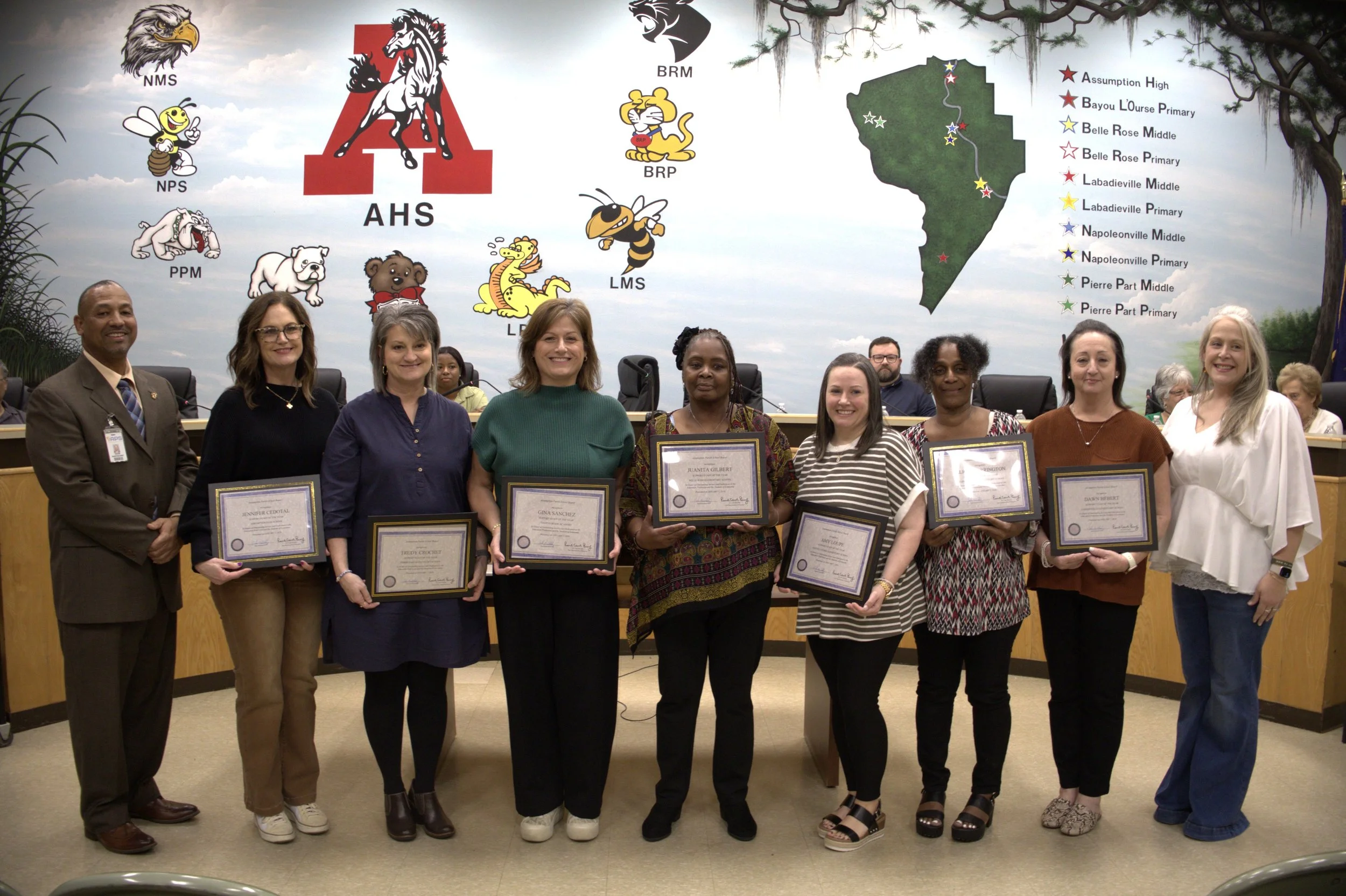  Assumption Parish school leaders recognized all the 2025-2026 Support Worker of the Year nominees at the district’s Jan. 7 meeting. Pictured from left to right are Superintendent Dr. John Barthelemy, Jennifer Cedotal, Assumption High School, Trudy C