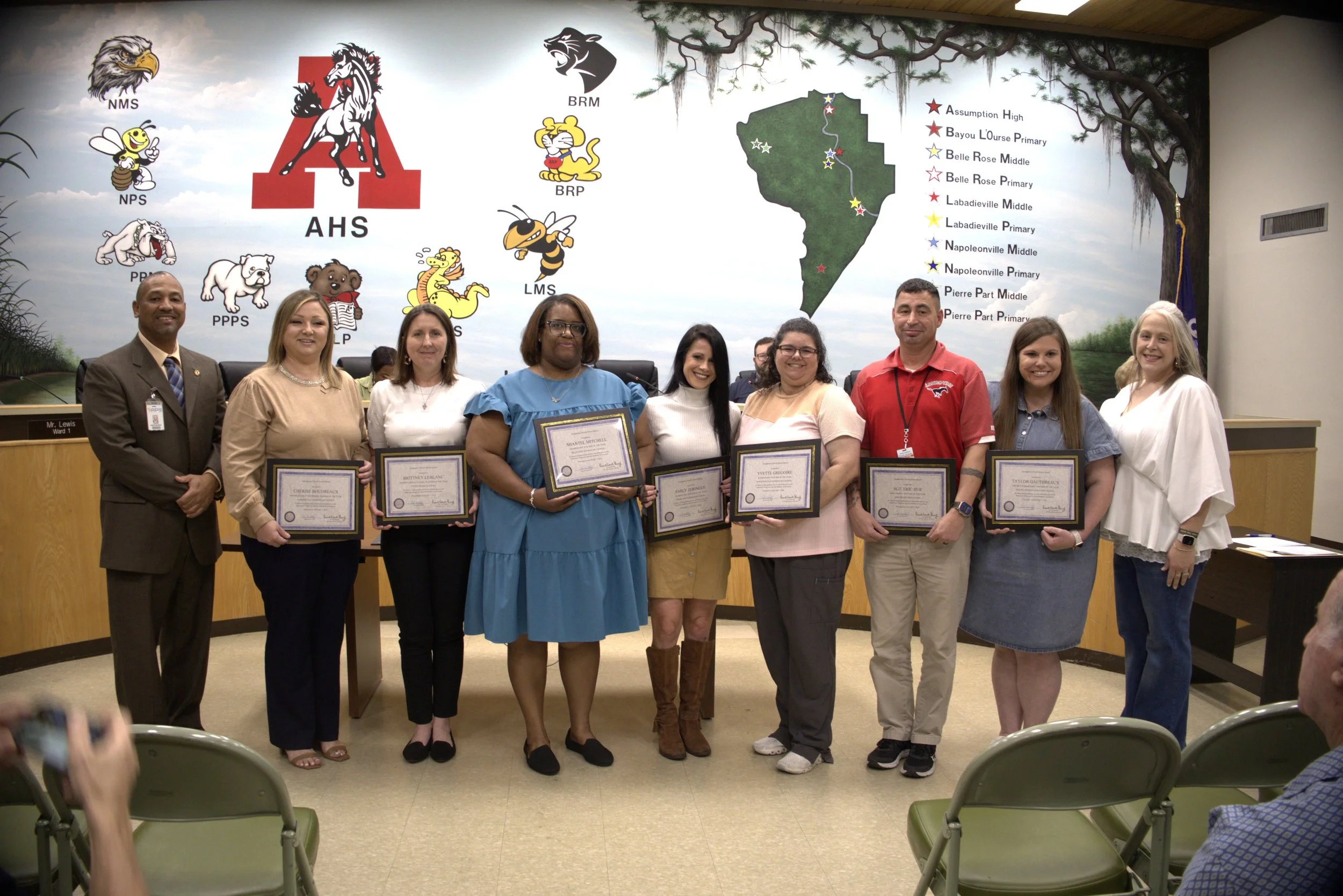  Assumption Parish school leaders recognized all the 2025-2026 Teacher of the Year nominees at the district’s Jan. 7 meeting. Pictured from left to right are Superintendent Dr. John Barthelemy, Cherise Boudreaux, Labadieville Elementary; Brittney LeB