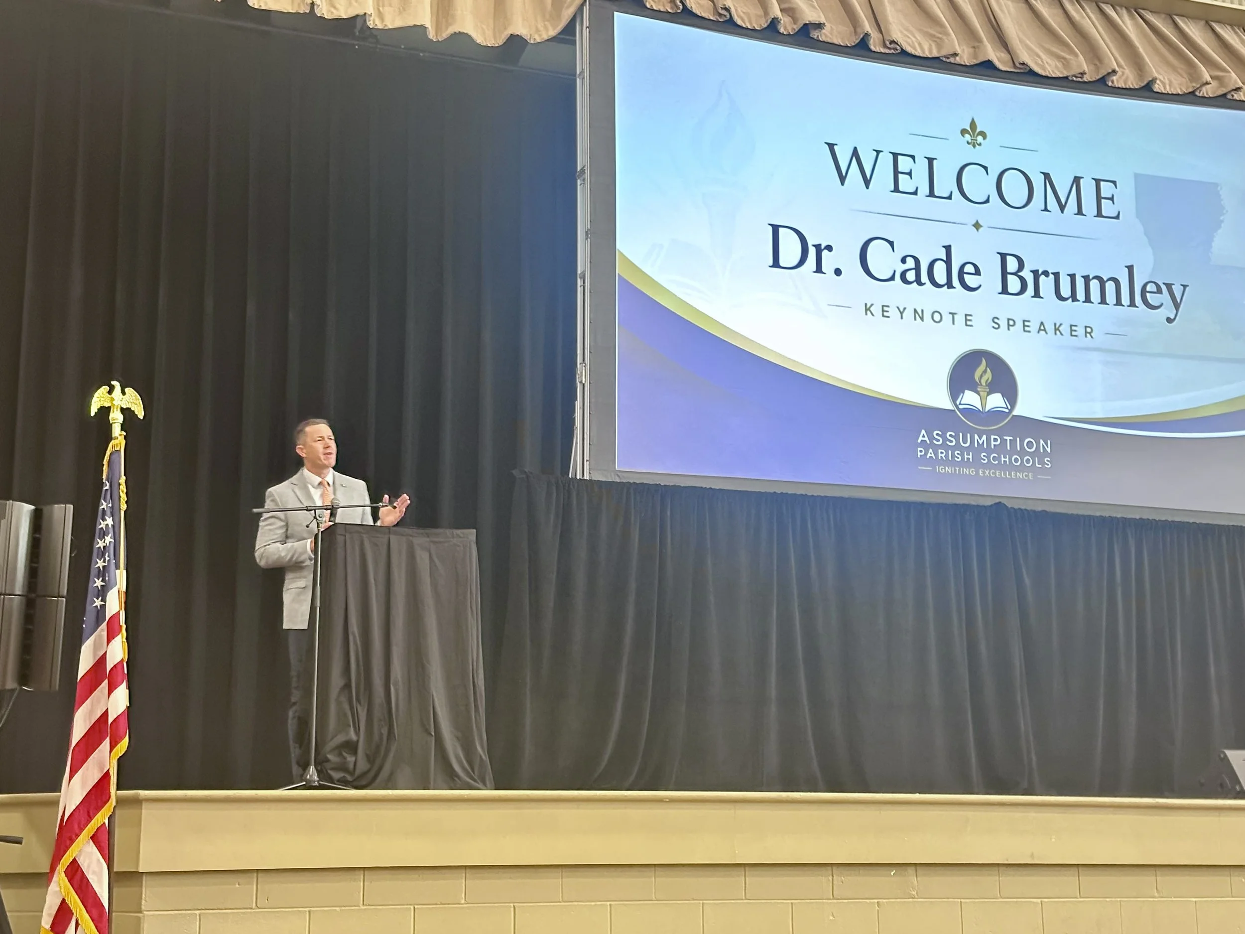  State Superintendent Dr. Cade Brumley speaks to the Assumption Parish School System employees during a special “back-to-school” kick-off celebration. 