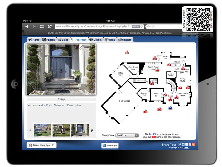 Interactive Tours Powered by Floorplanonline.com Complete tour packages are available to meet the marketing needs of real estate professionals. With an interactive virtual tour, clients also get automated MLS tour and floor plan posting, custom flyers and e-brochures, as well as syndication services for third party real estate sites.