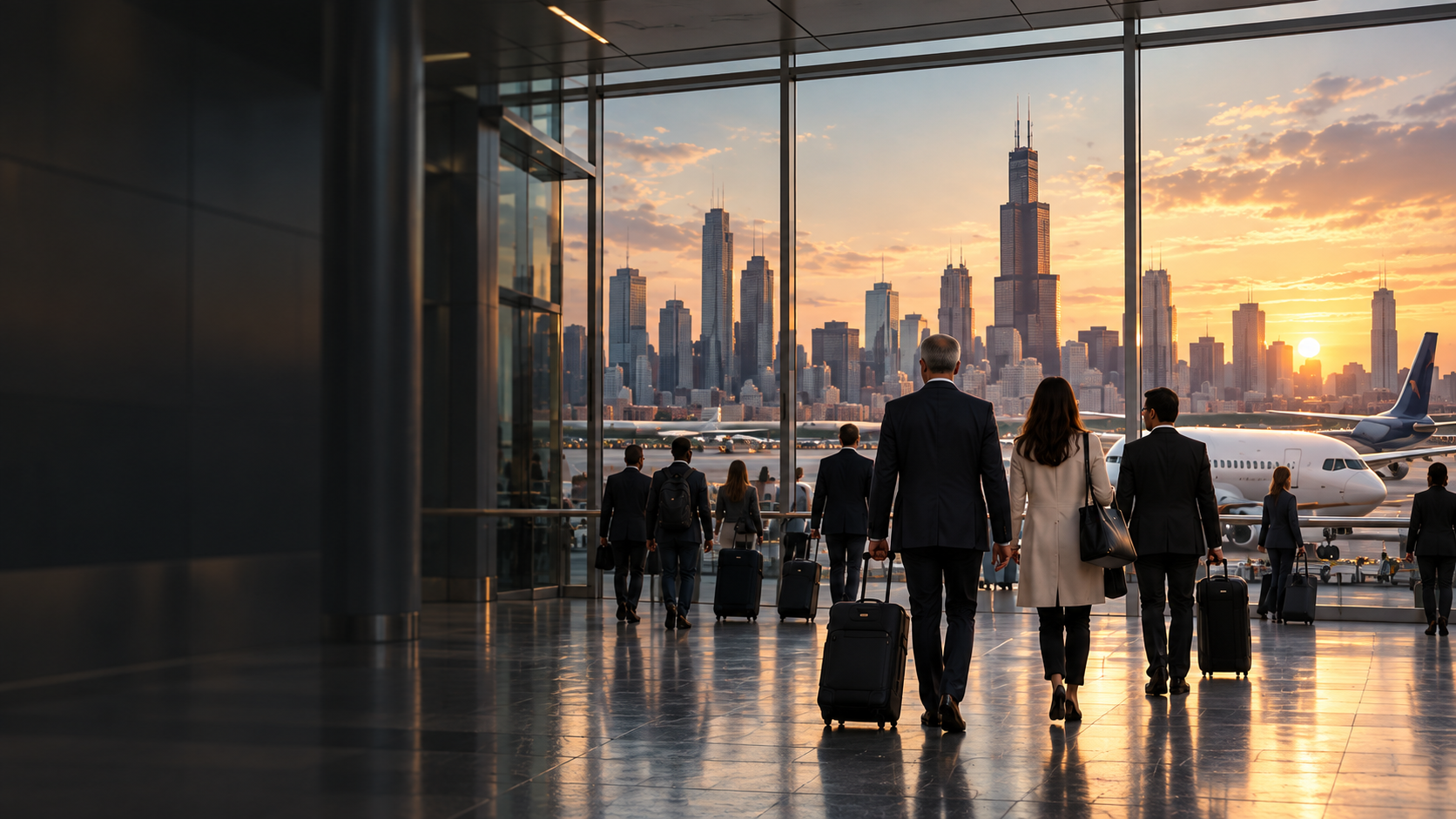 Travelers at an airport overlooking Chicago