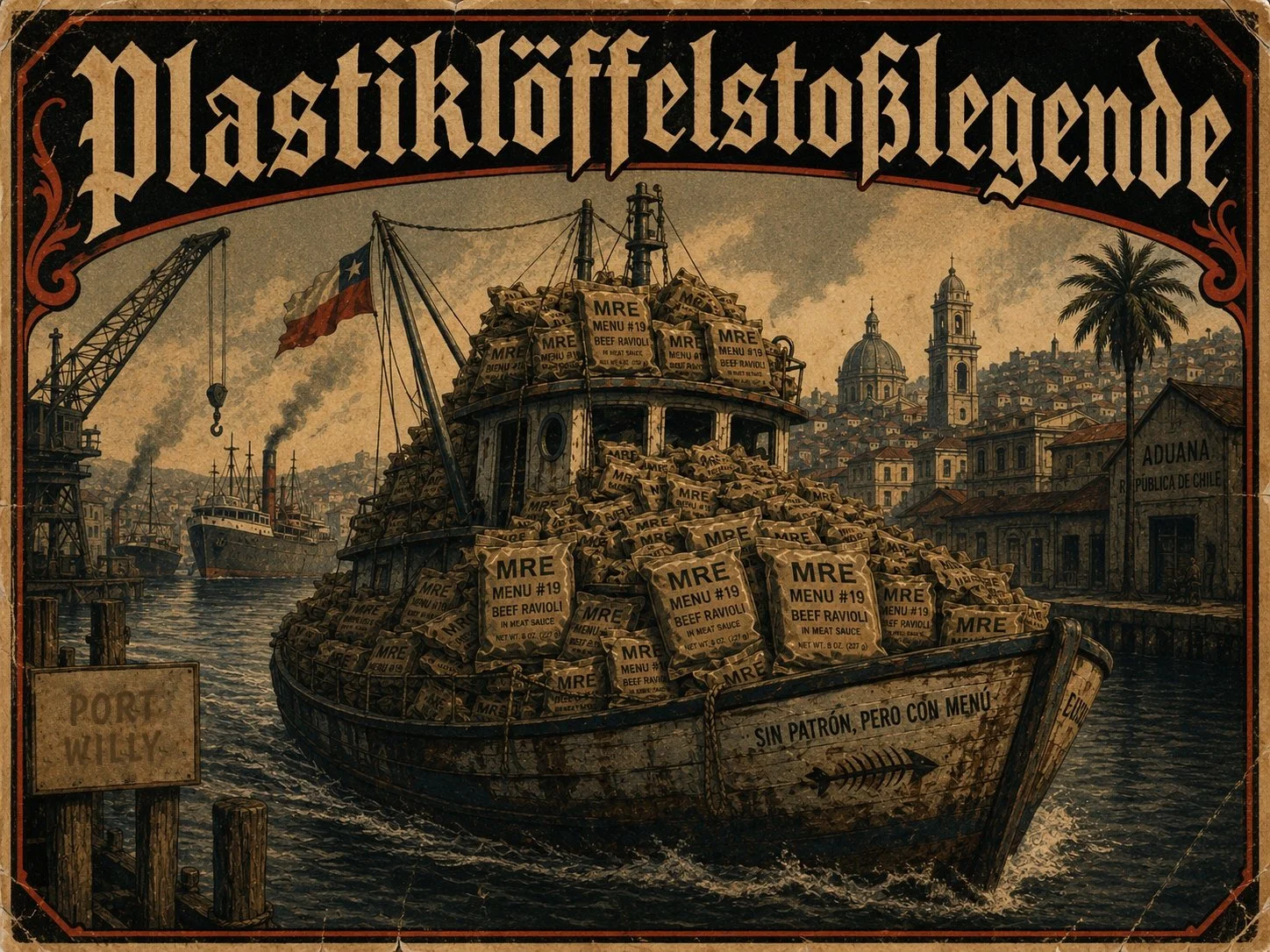 Mit ChatGPT KI-generiertes Satirebild eines fiktiven Ereignisses aus Das Letzte Wiki. Es handelt sich um die Plastiklöffelstoßlegende.