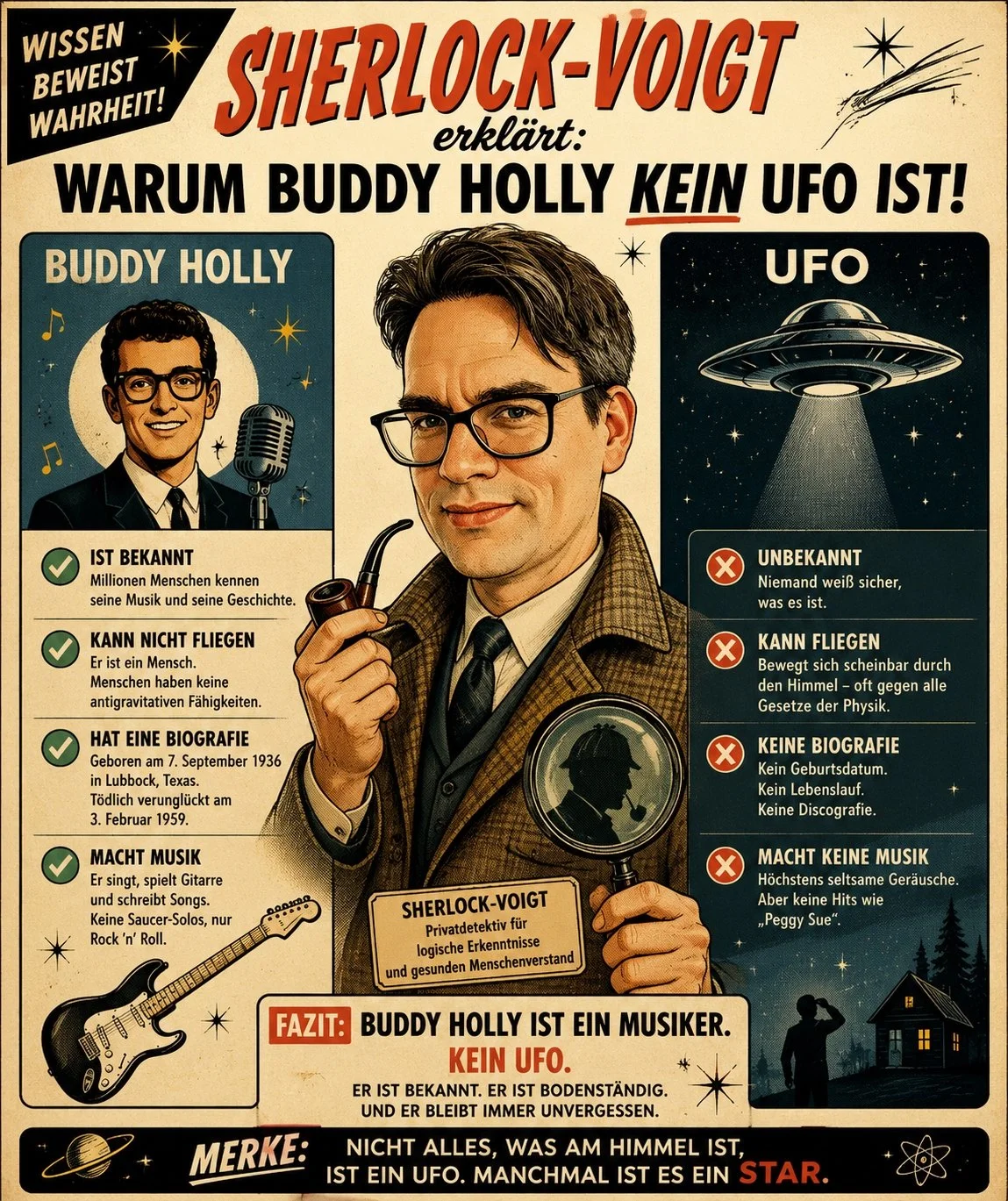 KI-generierte Infografik darüber, was KEIN UFO ist am Beispiel Buddy Holly. Aus dem satirischen Lexikon Das Letzte Wiki.