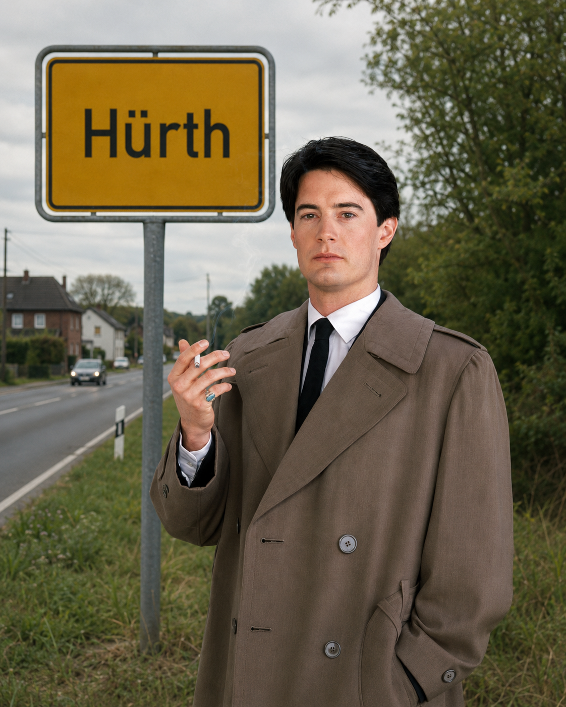 Parodistische Fotomontage von Das Letzte Wiki. Das Meme zeigt Schauspieler Kyle MacLachlan in seiner Rolle des Dale Cooper aus Twin Peaks rauchend vor dem Ortseingangsschild der Stadt Hürth (Hintergrund KI-generiert mit ChatGPT).
