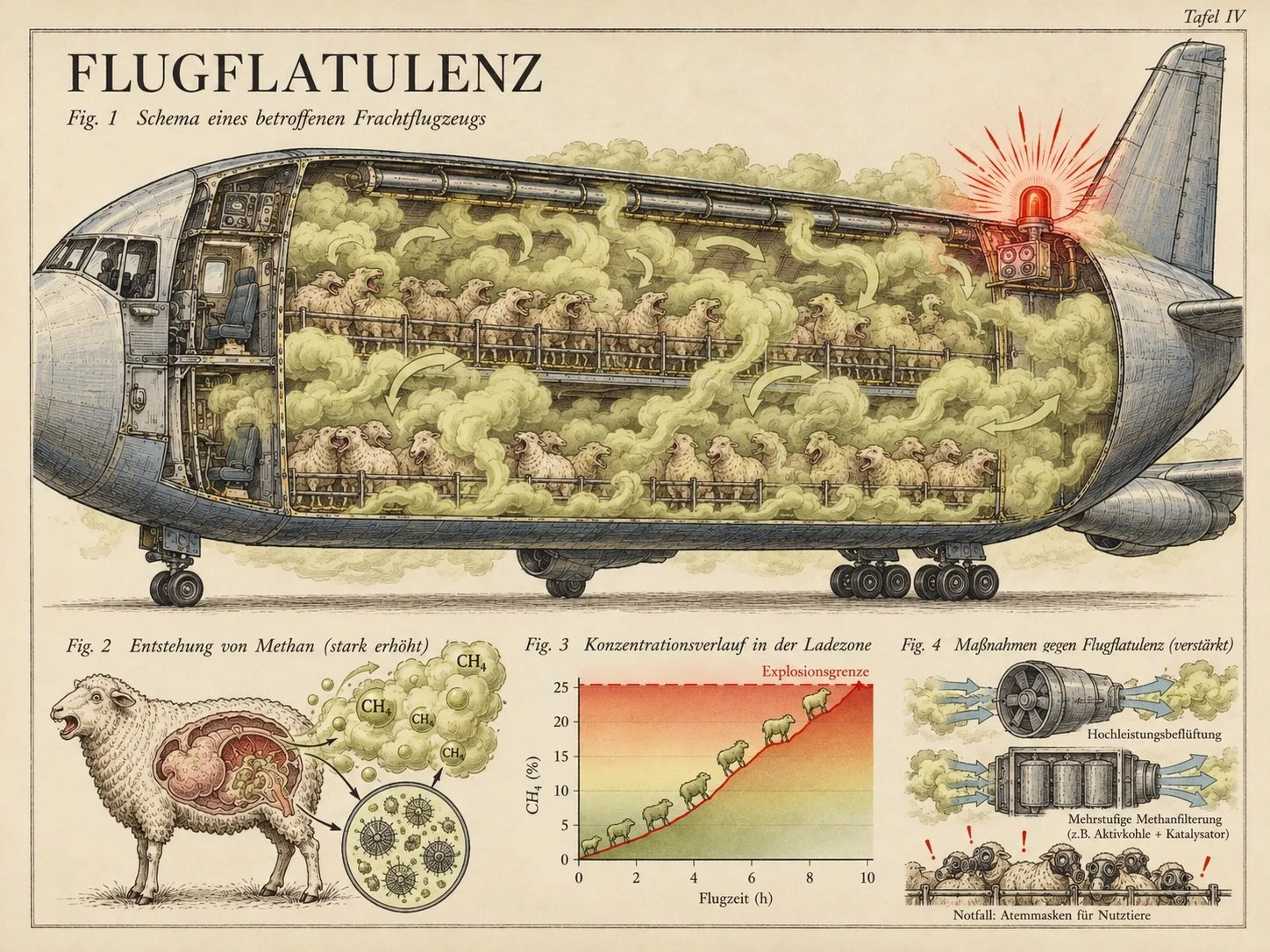 Satirische Risszeichnung erklärt das Phänomen der Flugflatulenz bei Schafen gemäß der Schilderungen in der Lexikon-Parodie "Das Letzte Wiki".