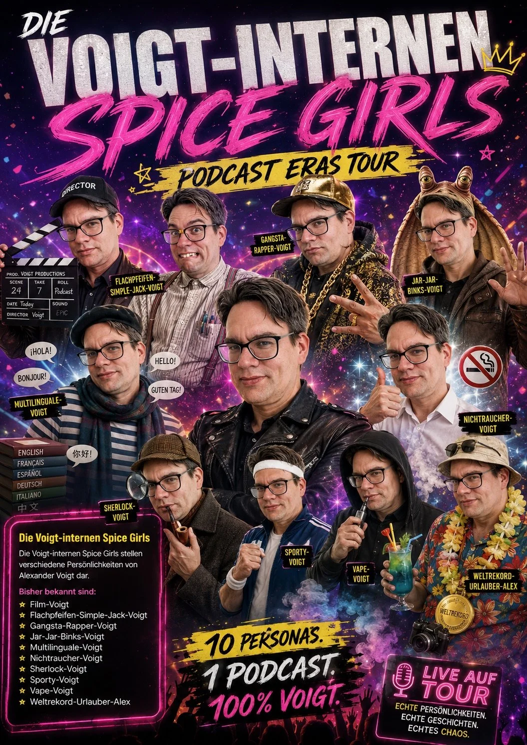 KI-Parodie einer fiktiven "Podcast Eras"-Tour der erfundenen Band "Die Voigt-internen Spice Girls". Satirebild von Das Letzte Wiki.
