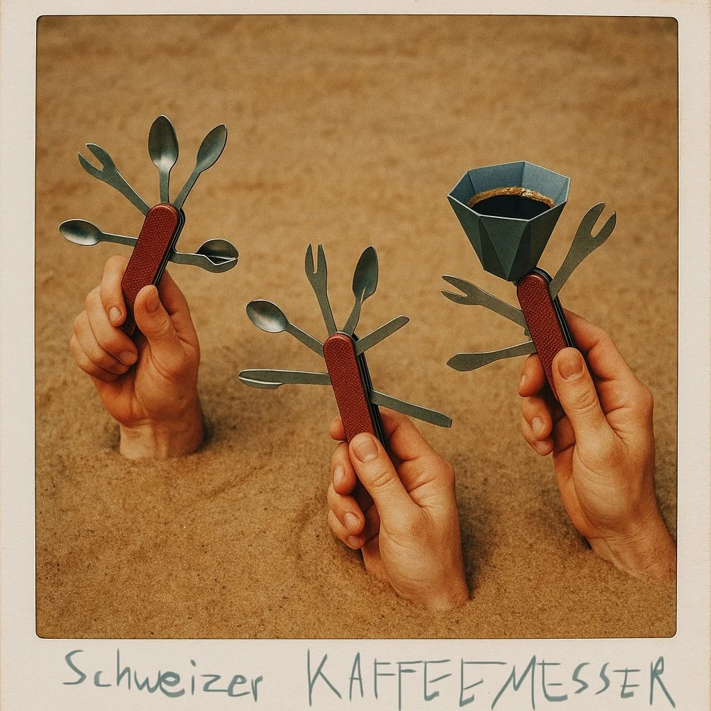 Ob der Kaffeemann und Daniel mit ihrer neusten Erfindung, dem &bdquo;Schweizer Kaffeemesser&ldquo;, wirklich gesch&uuml;tzt vor Treibsandtoden sind?

Mitnichten. Aber, sie k&ouml;nnen so immerhin noch einen letzten #Kaffee trinken, beim Versinken.

H