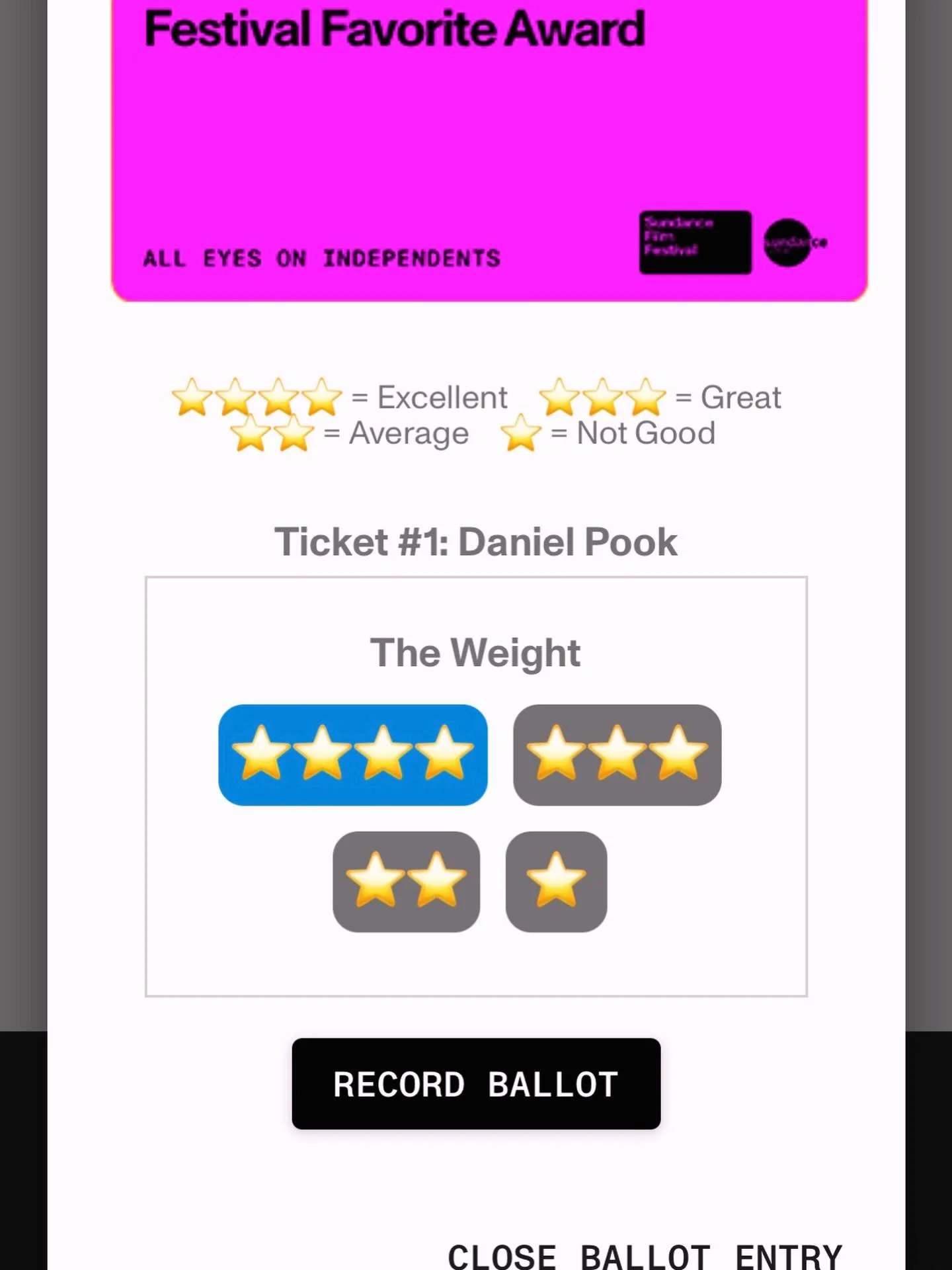 Sonnen w&auml;re passender gewesen, aber nat&uuml;rlich habe auch ich beim #Sundance #FilmFestival 2026 wieder kr&auml;ftig mit Sternen f&uuml;r die Publikumspreise mit abgestimmt.

Hier seht ihr beispielsweise meine volle Punktzahl f&uuml;r #TheWeig