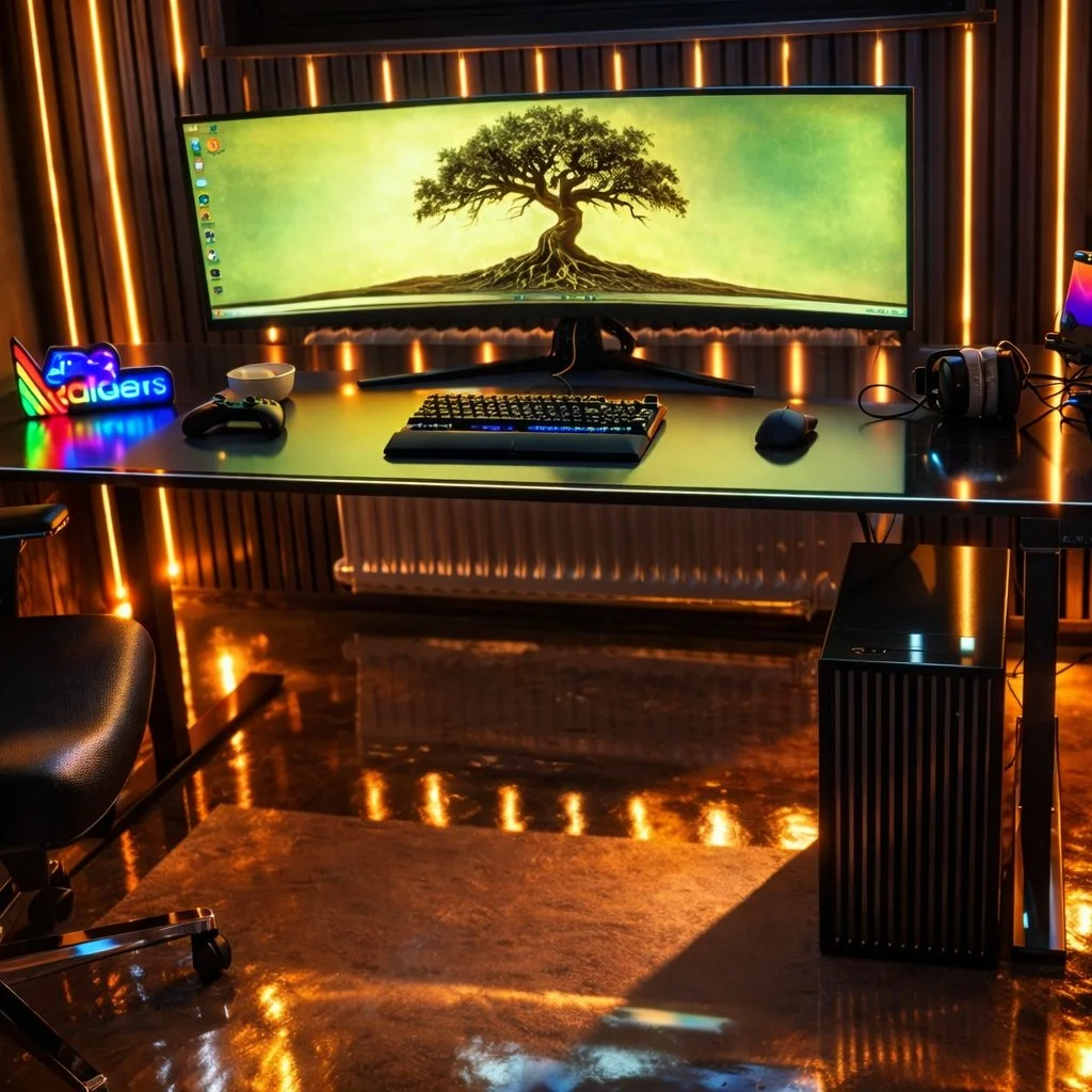 Gaming-Room mit verchromtem Boden und edler Ausstattung. KI-generiertes Bild auf Basis eines Fotos vom Podcast Das Letzte Level mit Daniel Pook von AreaGames.