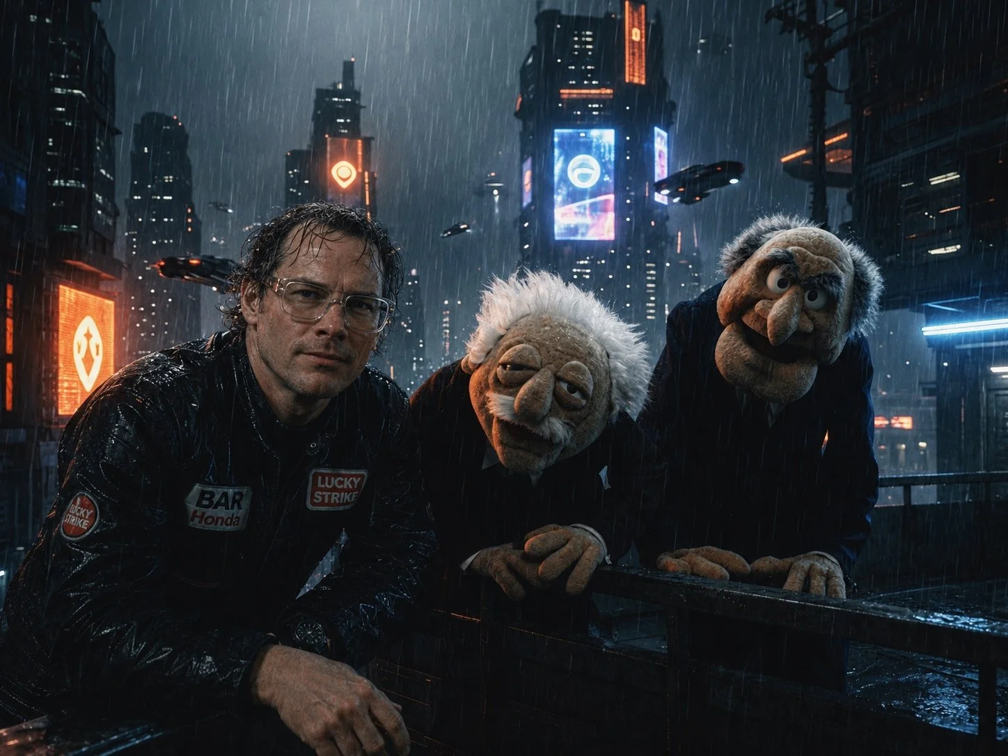 KI-generierte Parodie zeigt Rennfahrer Jacques Villeneuves und die beiden Opas aus der Muppet Show in der Welt von Blade Runner. Aus dem satirischen Lexikon Das Letzte Wiki.