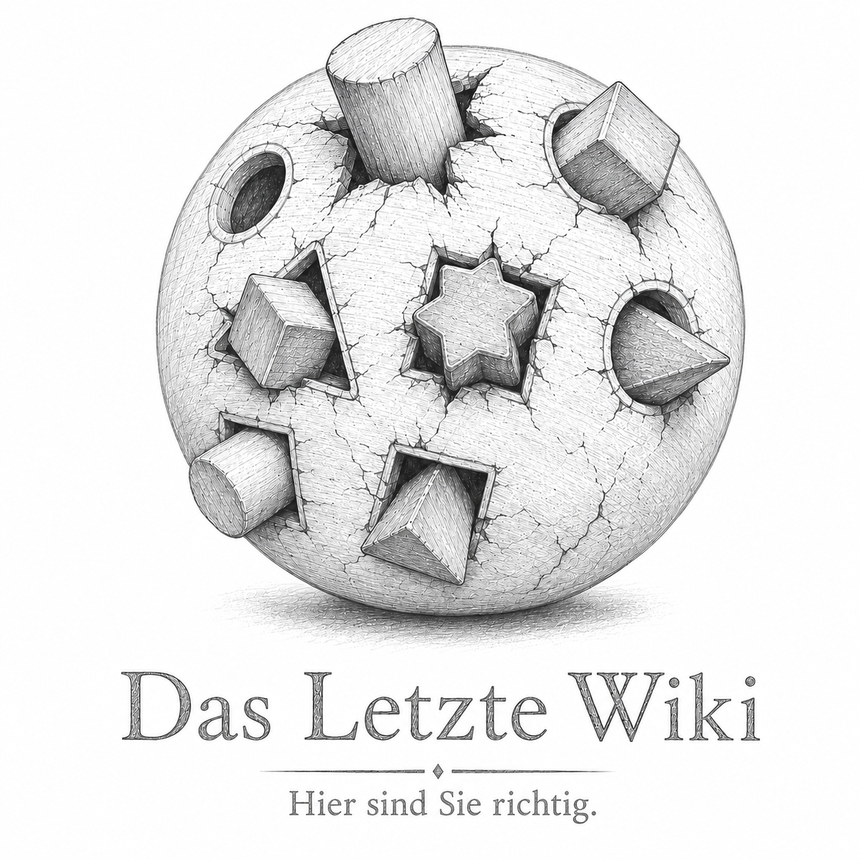 Logo von Das Letzte Wiki. Eine Kugel mit verschieden geformten Öffnungen, durch die offensichtlich die falschen Förmchen mit Gewalt gepresst wurden. Schraffierte Zeichnung in Schwarz-Weiß.