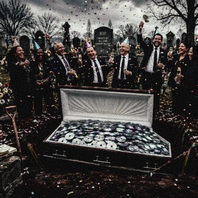 KI-Bild stellt Manager dar, die sich auf einer Beerdigung über den Tod von Spiele-Discs freuen. Symbolbild von Das Letzte Level.