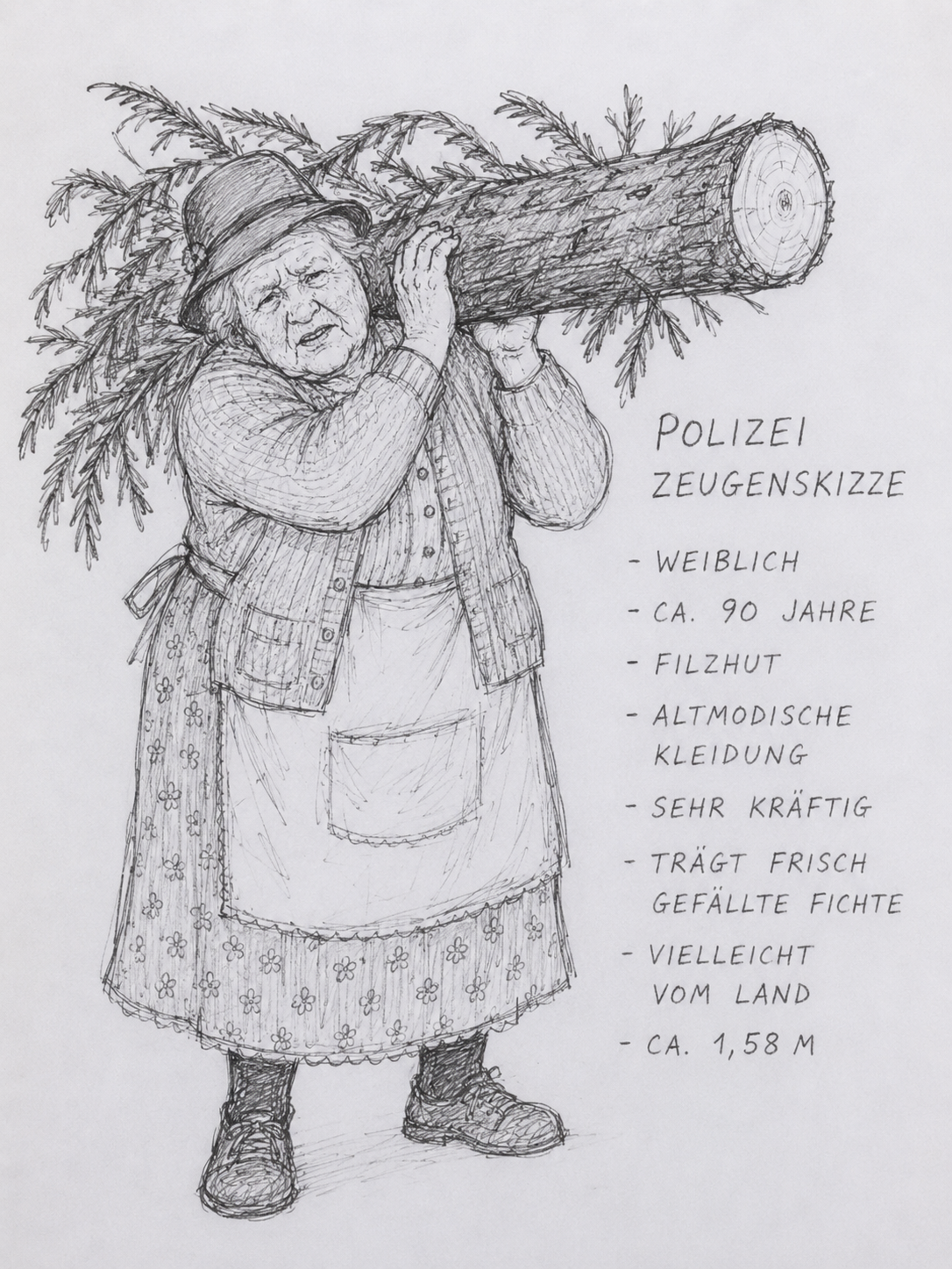 Per KI generiertes Phantombild einer Oma, die eine gefällte Fichte über der Schulter trägt. Satire-Abbildung aus Das Letzte Wiki.