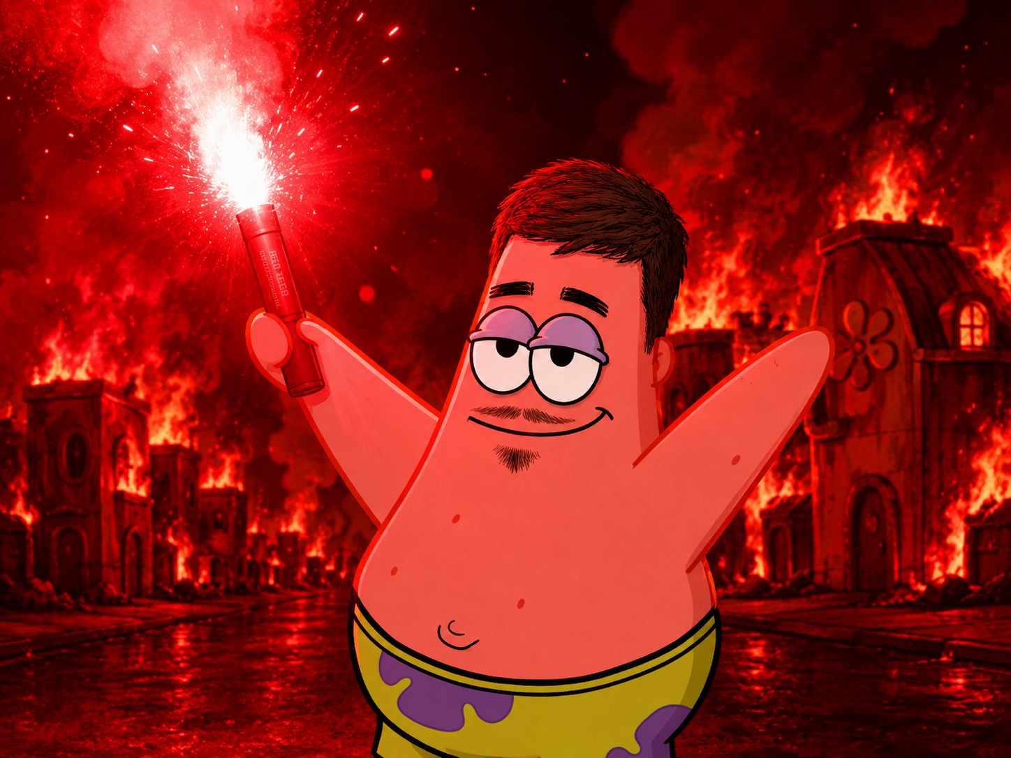 KI-Parodie zeigt Patrick Star aus Spongebob Squarepants vor rot aufhellendem Hintergrund mit einer Bengalo-Fackel in der Hand. Meme von "Das Letzte Wiki".