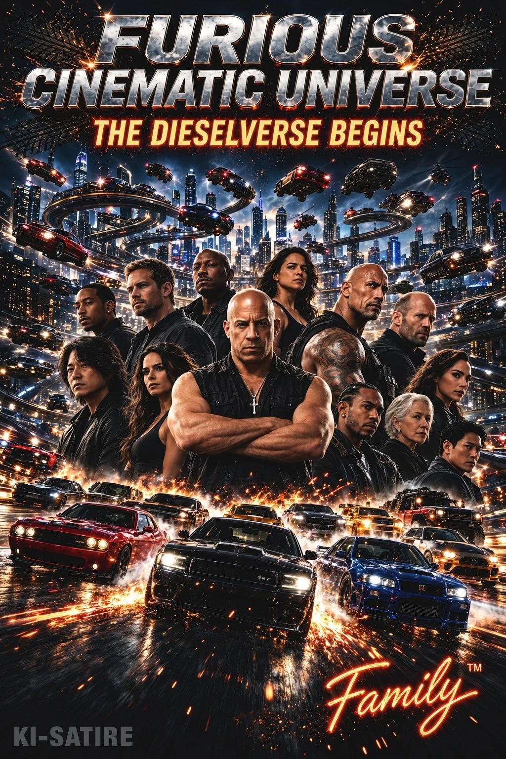 KI-Fake-Poster eines fiktiven "Furious Cinematic Universe"-Films, der den Beginn eines "Dieselverses" markieren soll. Parodie aus dem Satirelexikon "Das Letzte Wiki".