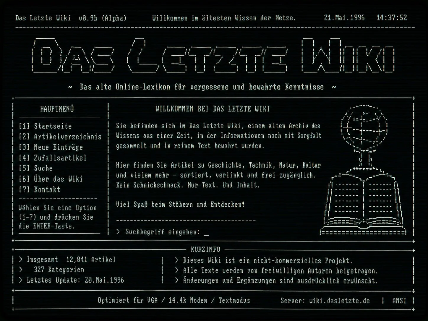 Parodie einer frühzeitlichen Website, die rein textbasiert in einer MS-DOS-Umgebung abgebildet wird. KI-generiertes Satirebild von Das Letzte Wiki.