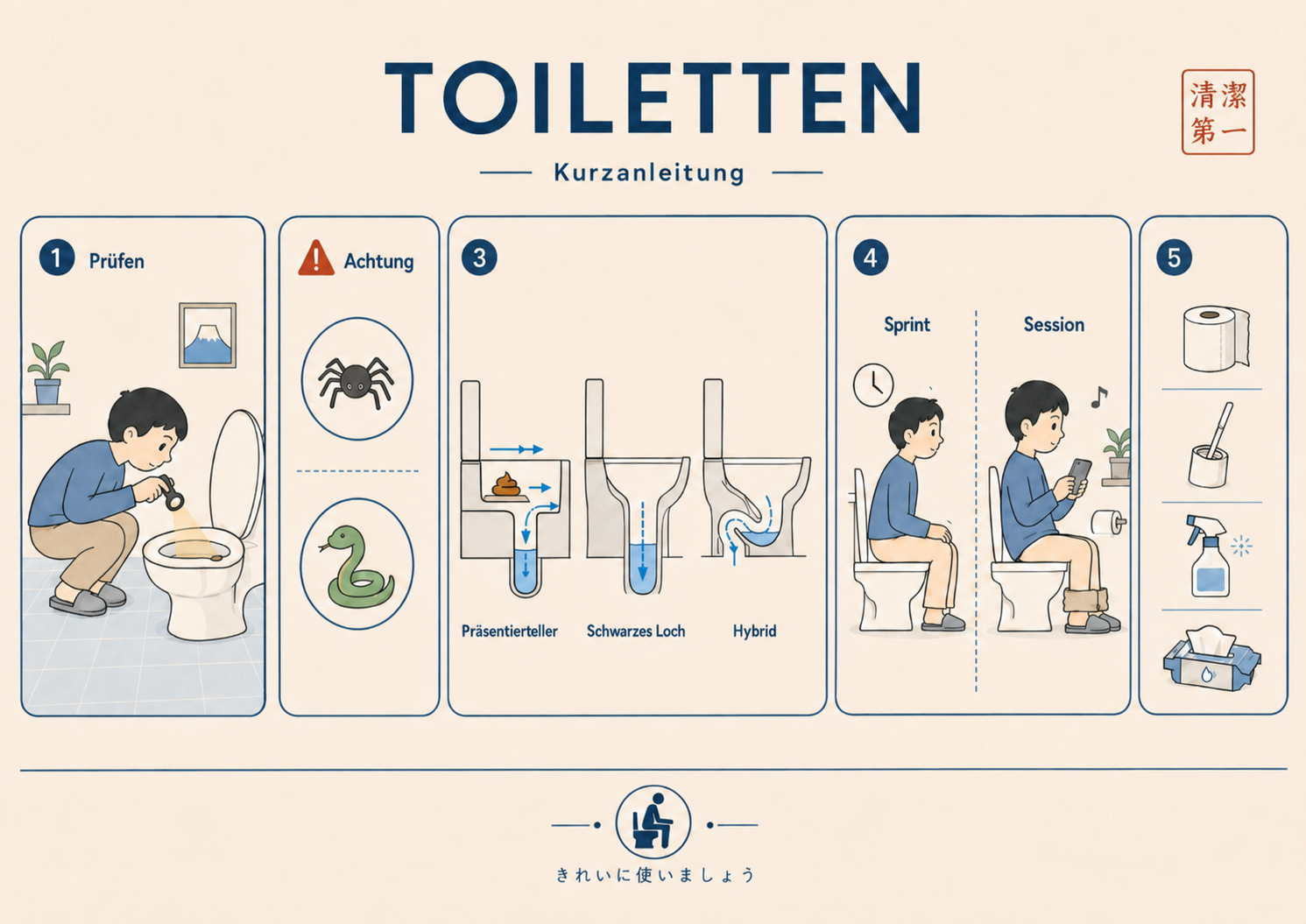 KI-generierte Infografik über verschiedene Formen von Toiletten und ihre Benutzung. Das Bannerbild warnt ausdrücklich vor Gefahren wie Schlangen oder Spinnen im Klo. Abbildung aus dem satirischen Lexikon "Das Letzte Wiki".