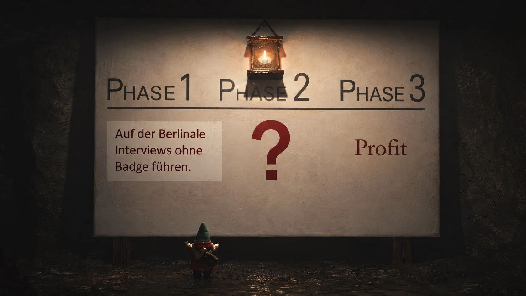 KI-generiertes Meme eines Gnoms, der auf einer großen Tafel in einer beleuchteten Höhle seinen Plan betrachtet. Satire aus Das Letzte Wiki.