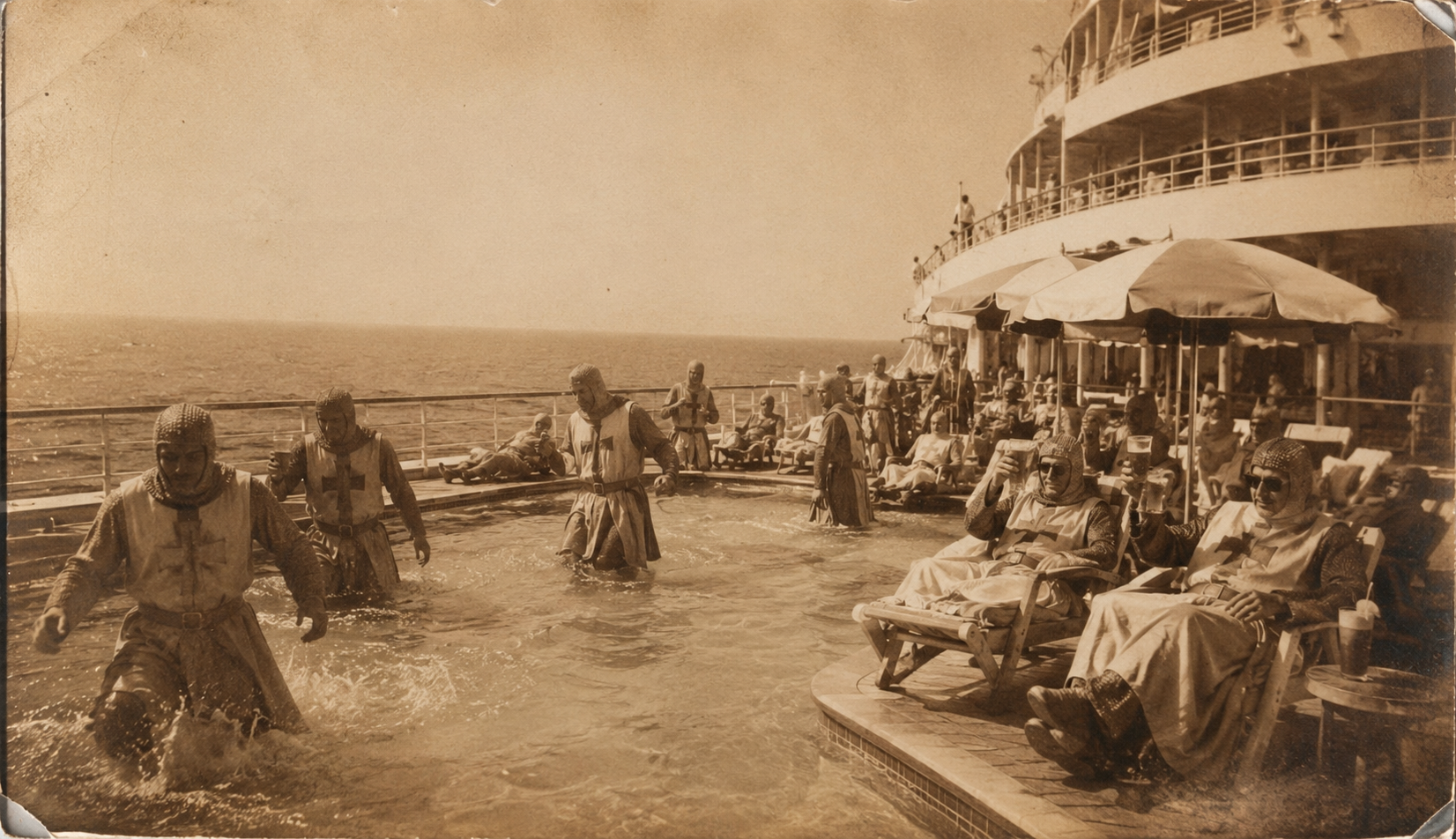 KI-generierte Satirefotografie im Sepia-Vintage-Stil zeigt Kreuzritter der Kreuzzüge als Kreuzfahrer auf einem Kreuzfahrtschiff. Abbildung aus dem satirischen Lexikon "Das Letzte Wiki".