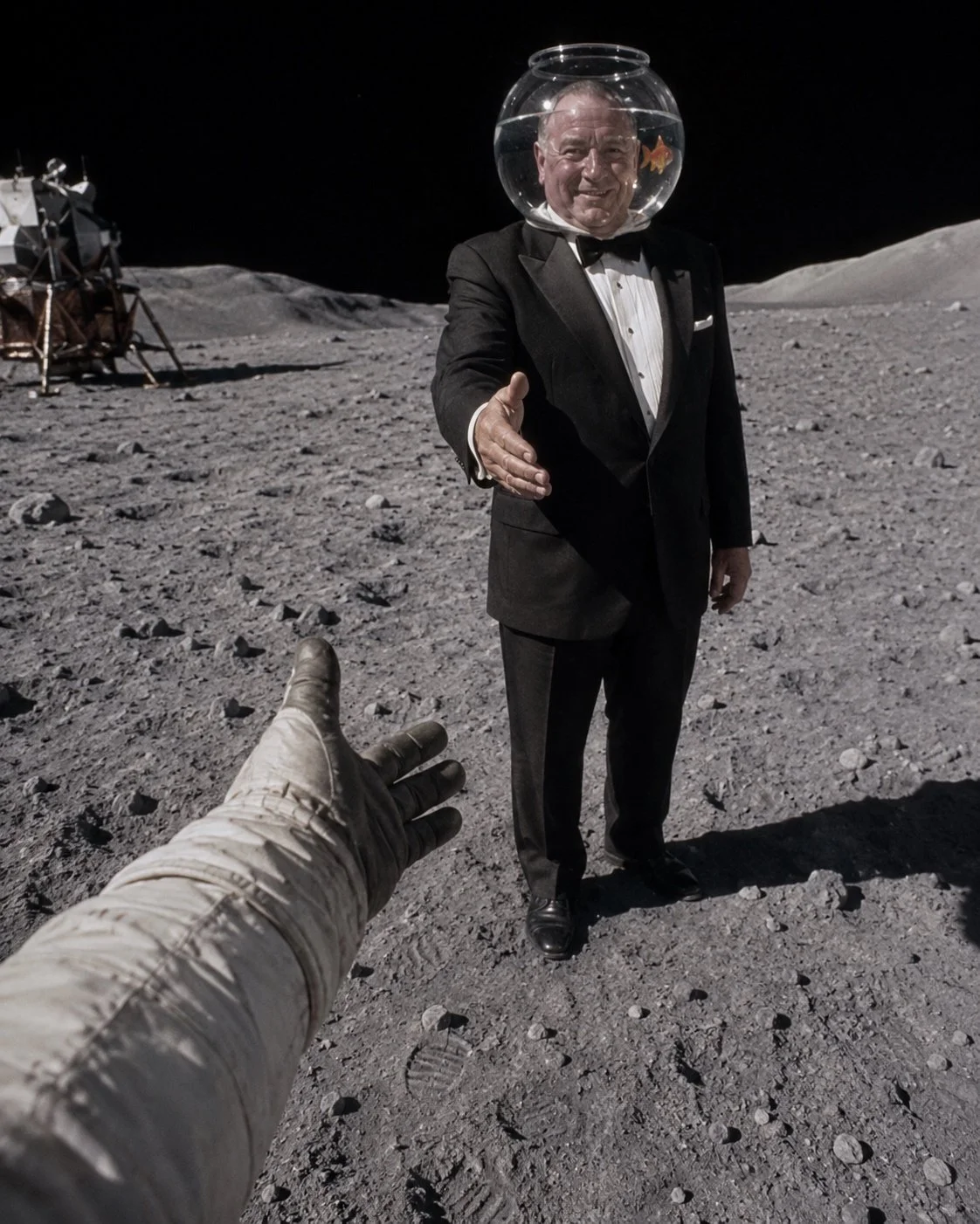 KI-generiertes Bild von der Mondlandung 1969 im satirischen Lexikon Das Letzte Wiki. Astronaut Neil Armstrong wird auf dem Mond von einem Geschäftsmann begrüßt.