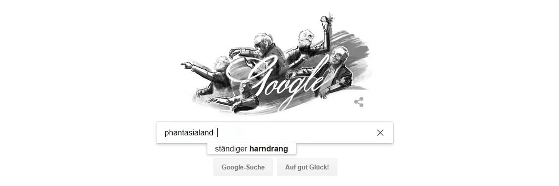Parodie der Google-Suchmaschine, die ein Ergebnis vorschlägt. Aus einem Beitrag von Das Letzte Wiki.
